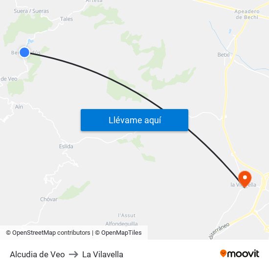 Alcudia de Veo to La Vilavella map