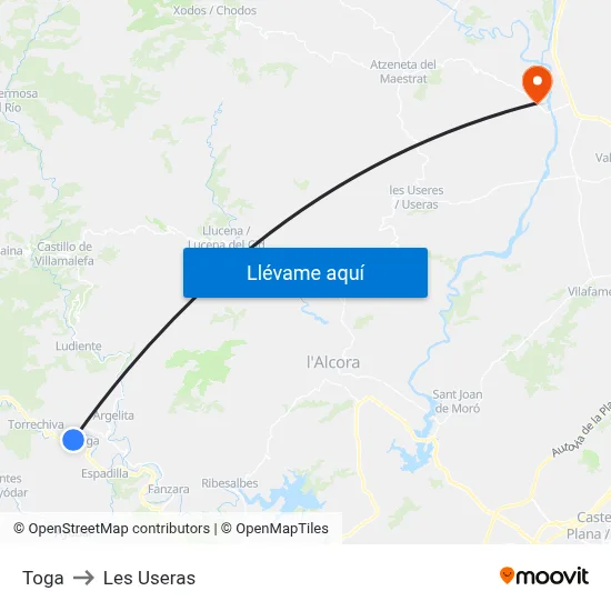 Toga to Les Useras map