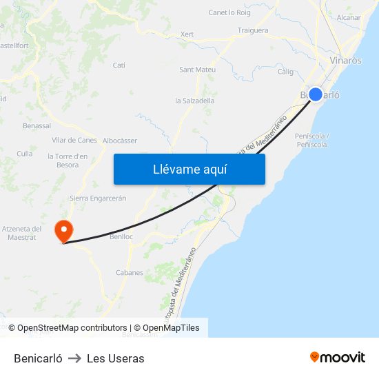 Benicarló to Les Useras map