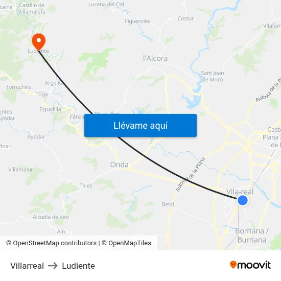 Villarreal to Ludiente map