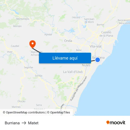Burriana to Matet map