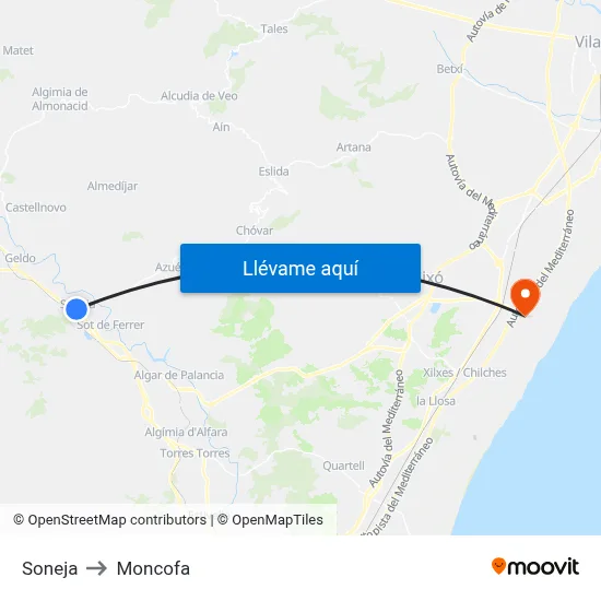 Soneja to Moncofa map