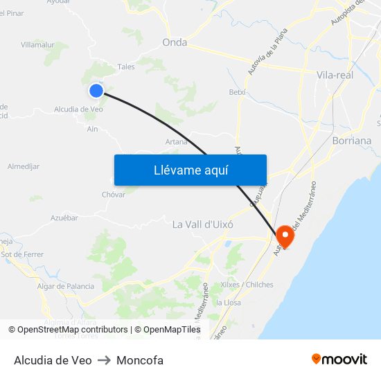 Alcudia de Veo to Moncofa map