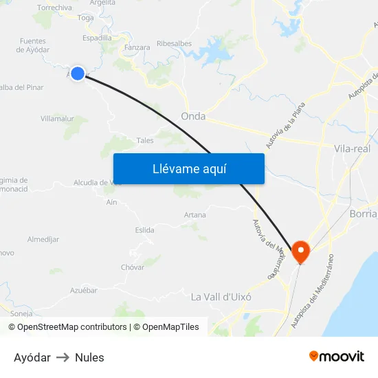 Ayódar to Nules map