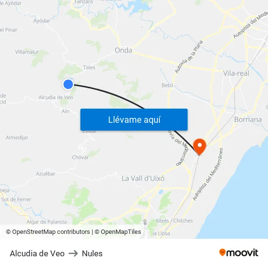 Alcudia de Veo to Nules map