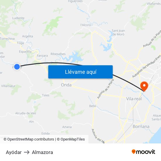 Ayódar to Almazora map