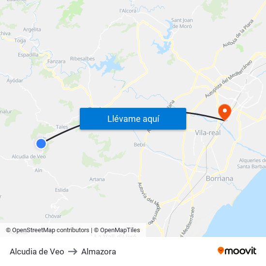 Alcudia de Veo to Almazora map