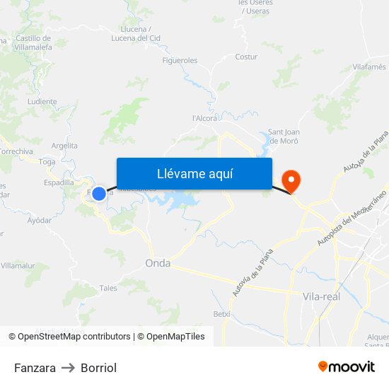Fanzara to Borriol map