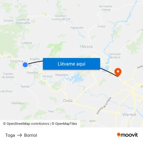 Toga to Borriol map