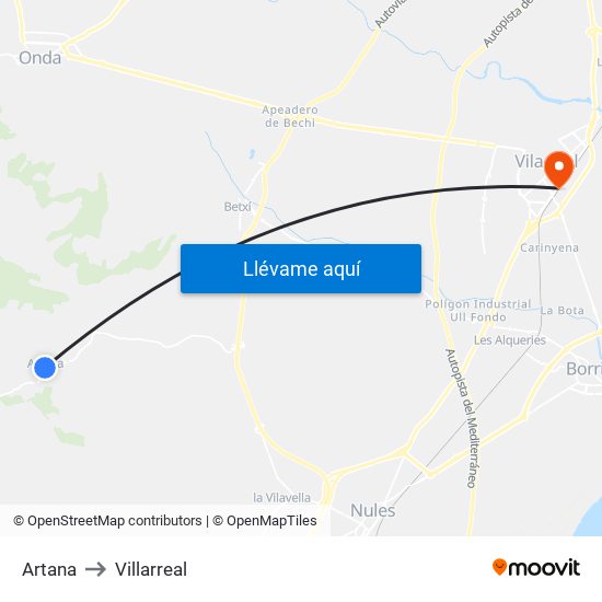 Artana to Villarreal map