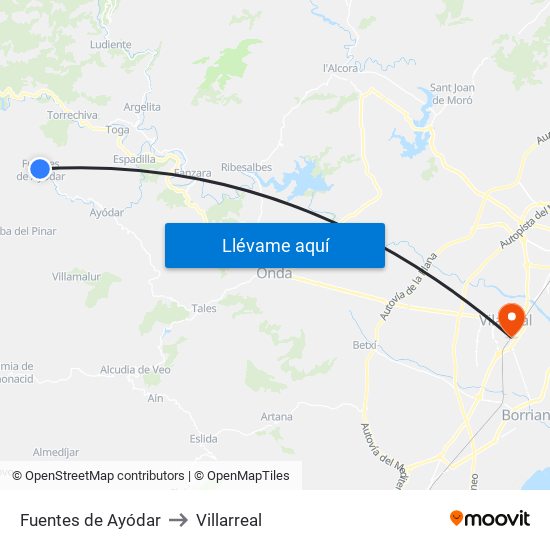 Fuentes de Ayódar to Villarreal map