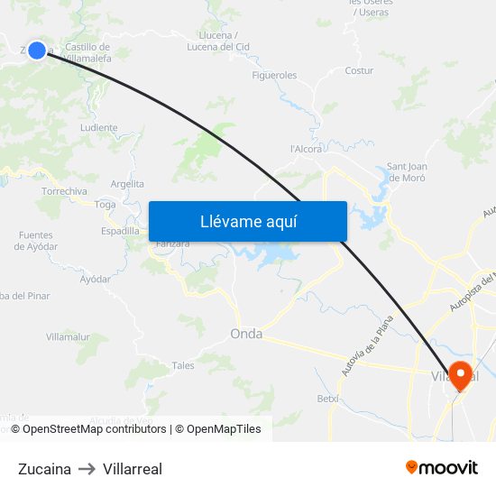 Zucaina to Villarreal map