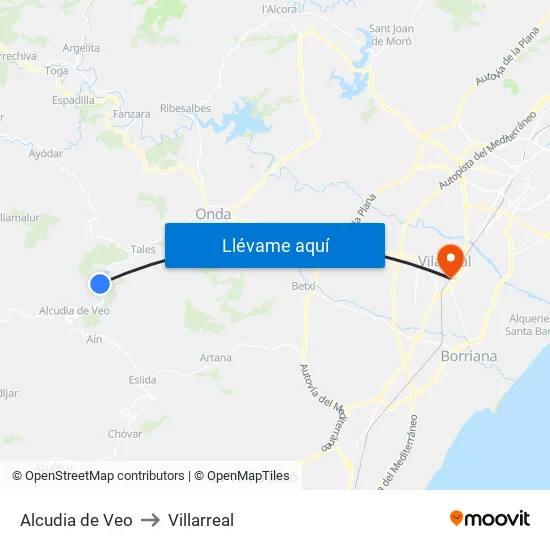 Alcudia de Veo to Villarreal map