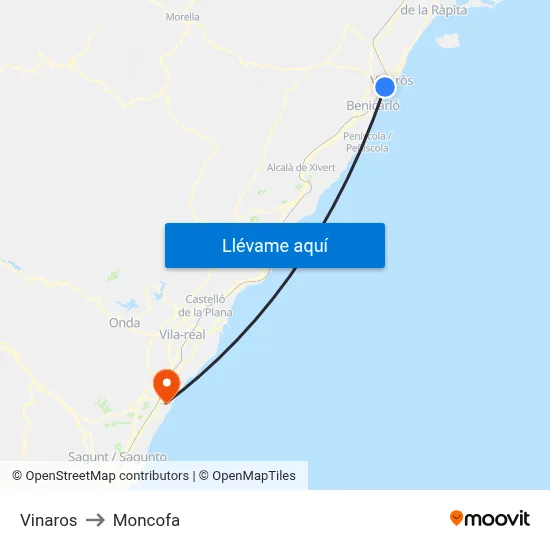 Vinaros to Moncofa map