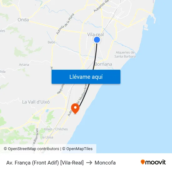 Av. França (Front Adif) [Vila-Real] to Moncofa map