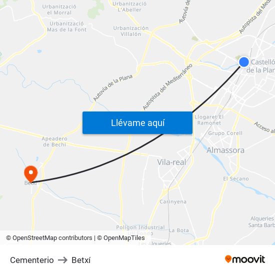 Cementerio to Betxí map