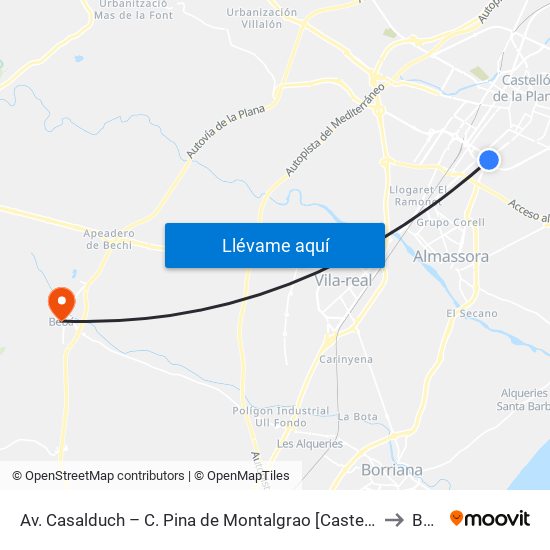 Av. Casalduch – C. Pina de Montalgrao [Castelló de La Plana] to Betxí map