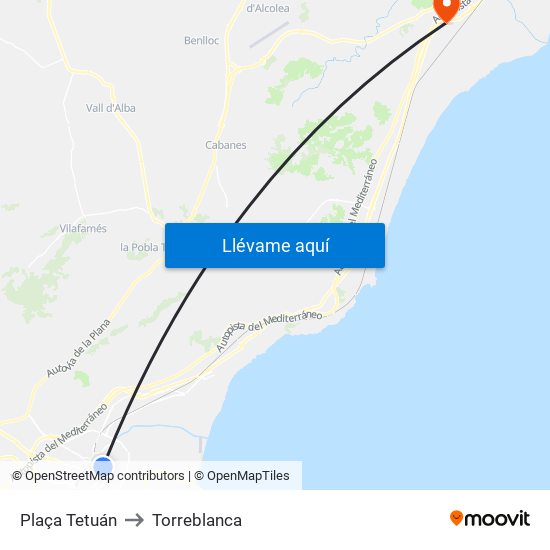 Plaça Tetuán to Torreblanca map