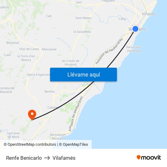 Renfe Benicarlo to Vilafamés map