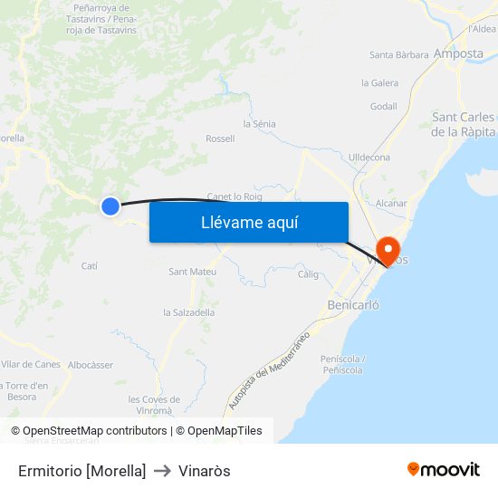 Ermitorio [Morella] to Vinaròs map