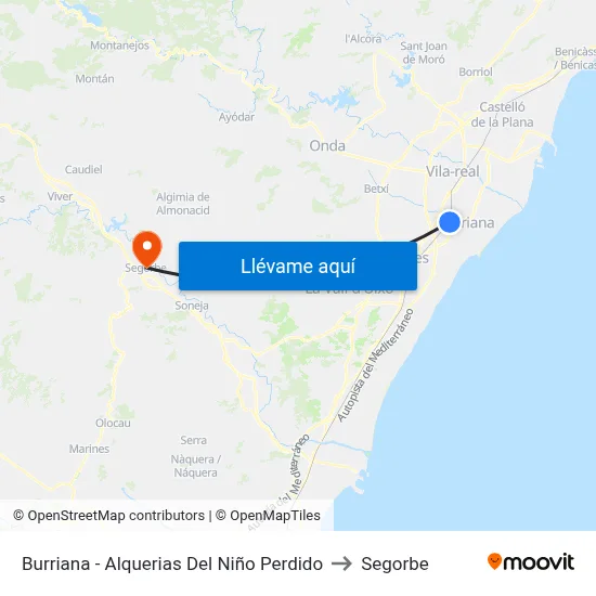 Burriana - Alquerias Del Niño Perdido to Segorbe map