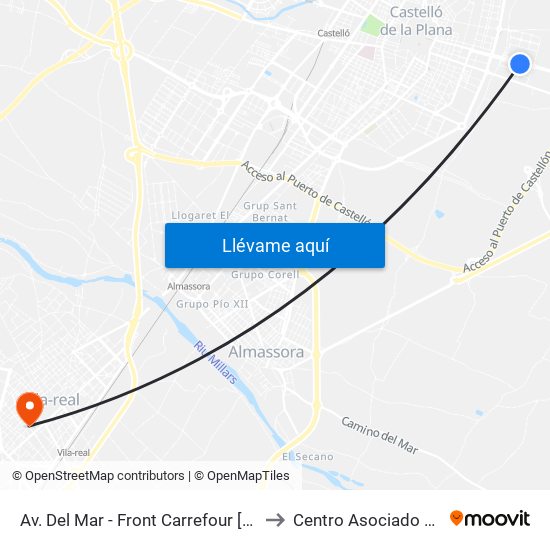 Av. Del Mar - Front Carrefour [Castelló de La Plana] to Centro Asociado Uned Vila-Real map