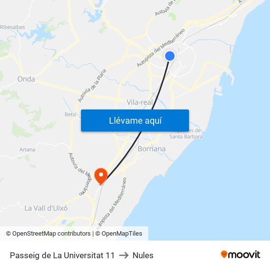 Passeig de La Universitat 11 to Nules map