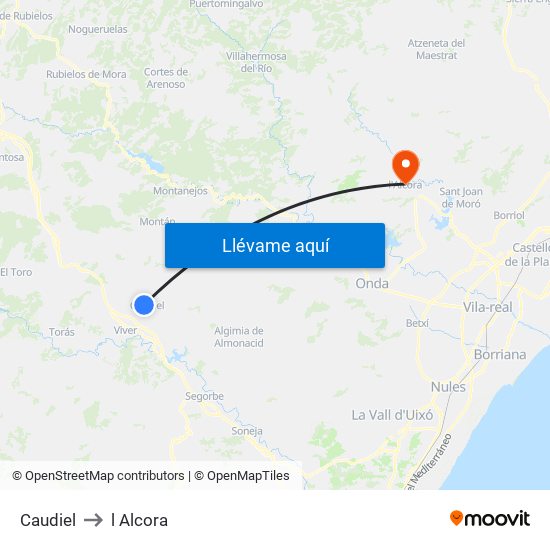 Caudiel to l Alcora map