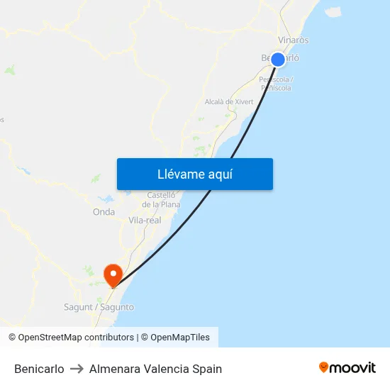 Benicarlo to Almenara Valencia Spain map