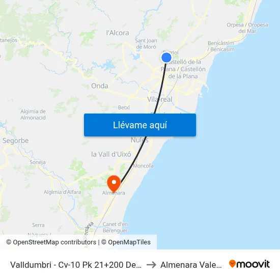 Valldumbri - Cv-10 Pk 21+200 Descendente[Borriol] to Almenara Valencia Spain map