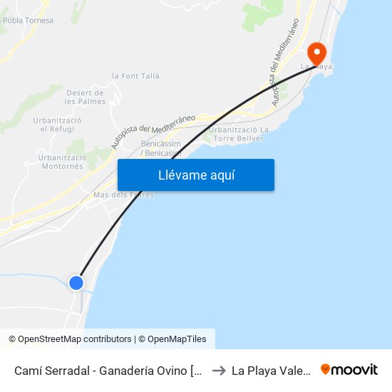 Camí Serradal - Ganadería Ovino [Castelló de La Plana] to La Playa Valencia Spain map