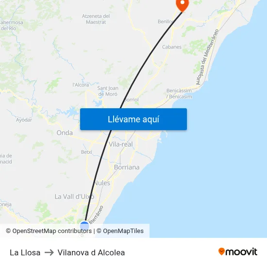La Llosa to Vilanova d Alcolea map
