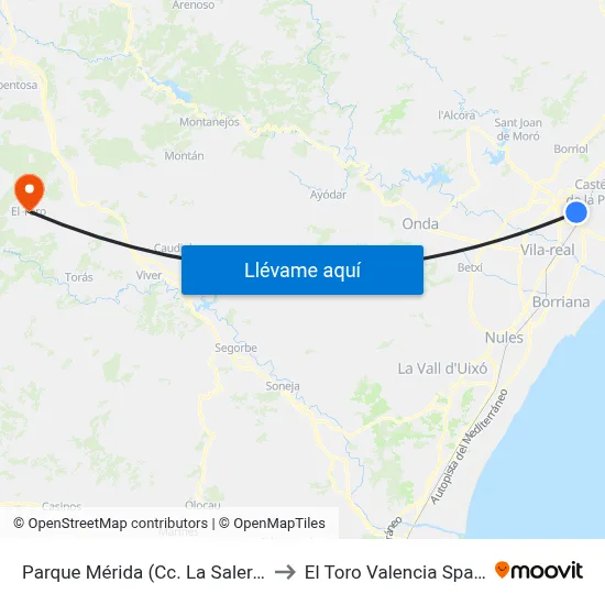 Parque Mérida (Cc. La Salera) to El Toro Valencia Spain map