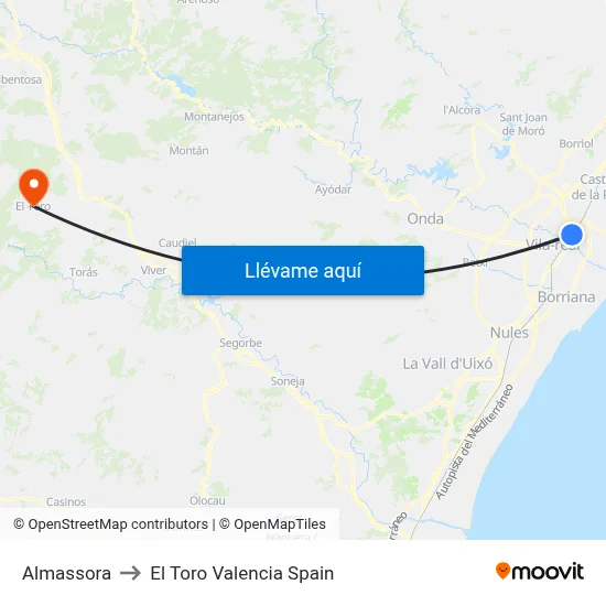 Almassora to El Toro Valencia Spain map