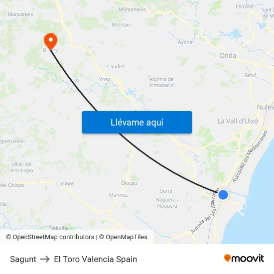 Sagunt to El Toro Valencia Spain map