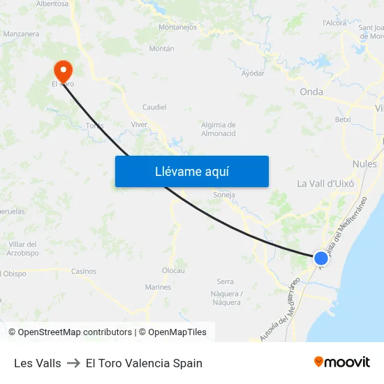 Les Valls to El Toro Valencia Spain map