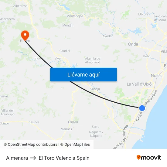 Almenara to El Toro Valencia Spain map