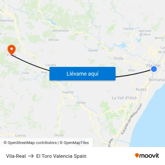 Vila-Real to El Toro Valencia Spain map