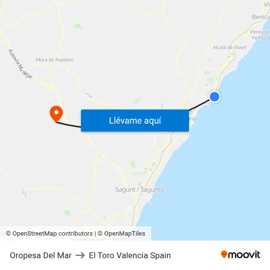 Oropesa Del Mar to El Toro Valencia Spain map