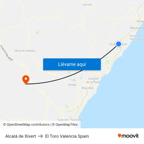 Alcalá de Xivert to El Toro Valencia Spain map