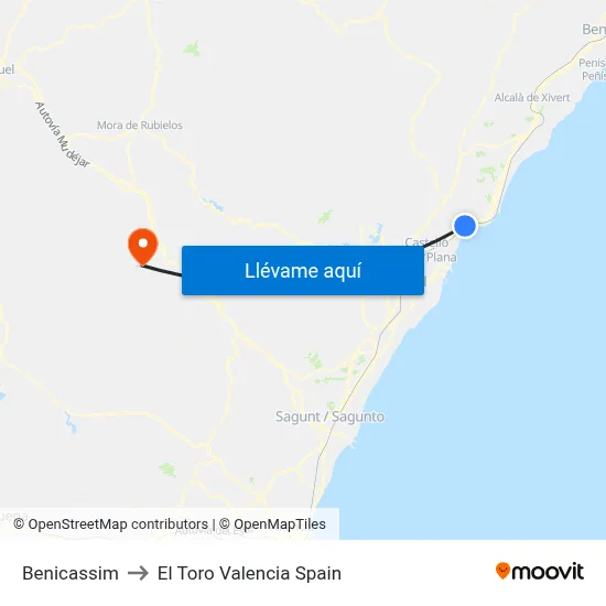 Benicassim to El Toro Valencia Spain map