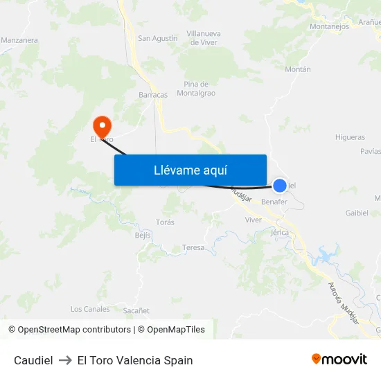 Caudiel to El Toro Valencia Spain map