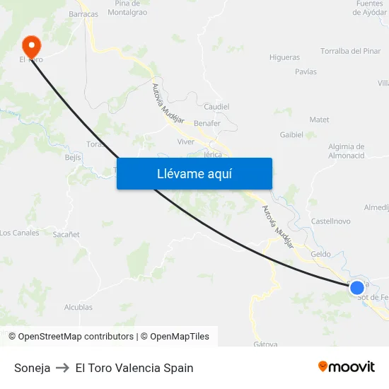 Soneja to El Toro Valencia Spain map