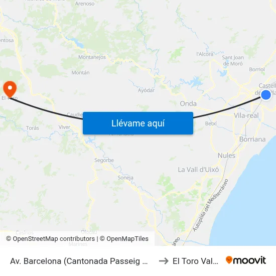 Av. Barcelona (Cantonada Passeig Morella) [Castelló de La Plana] to El Toro Valencia Spain map