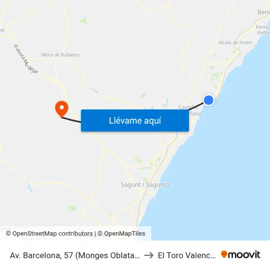 Av. Barcelona, 57 (Monges Oblatas) [Benicàssim] to El Toro Valencia Spain map