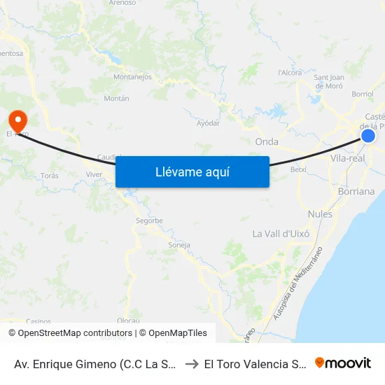 Av. Enrique Gimeno (C.C La Salera) to El Toro Valencia Spain map