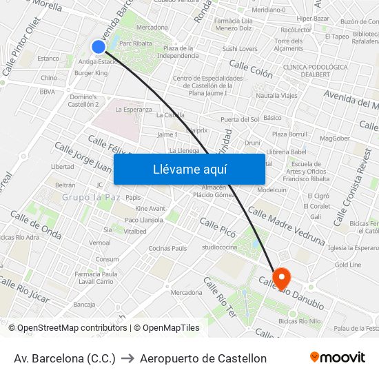 Av. Barcelona (C.C.) to Aeropuerto de Castellon map