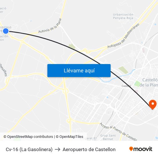 Cv-16 (La Gasolinera) to Aeropuerto de Castellon map