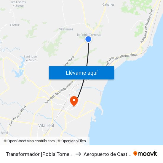 Transformador [Pobla Tornesa, La] to Aeropuerto de Castellon map