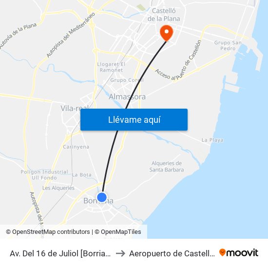 Av. Del 16 de Juliol [Borriana] to Aeropuerto de Castellon map